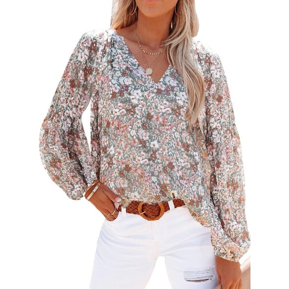Women's Casual Boho Floral Print V Neck Long Sleeve Loose Blouses Shirts Tops - Picture 1 of 6